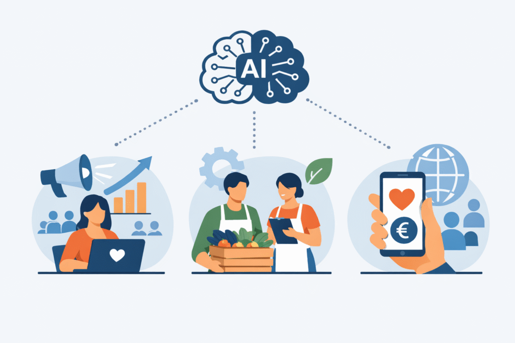 Image générée par Chat GTP pour décrire 3 situations ou l'intelligence articificielle peut venir en aide aux associations, aux services publics ou aux entreprises de l'ESS