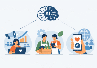 Image générée par Chat GTP pour décrire 3 situations ou l'intelligence articificielle peut venir en aide aux associations, aux services publics ou aux entreprises de l'ESS